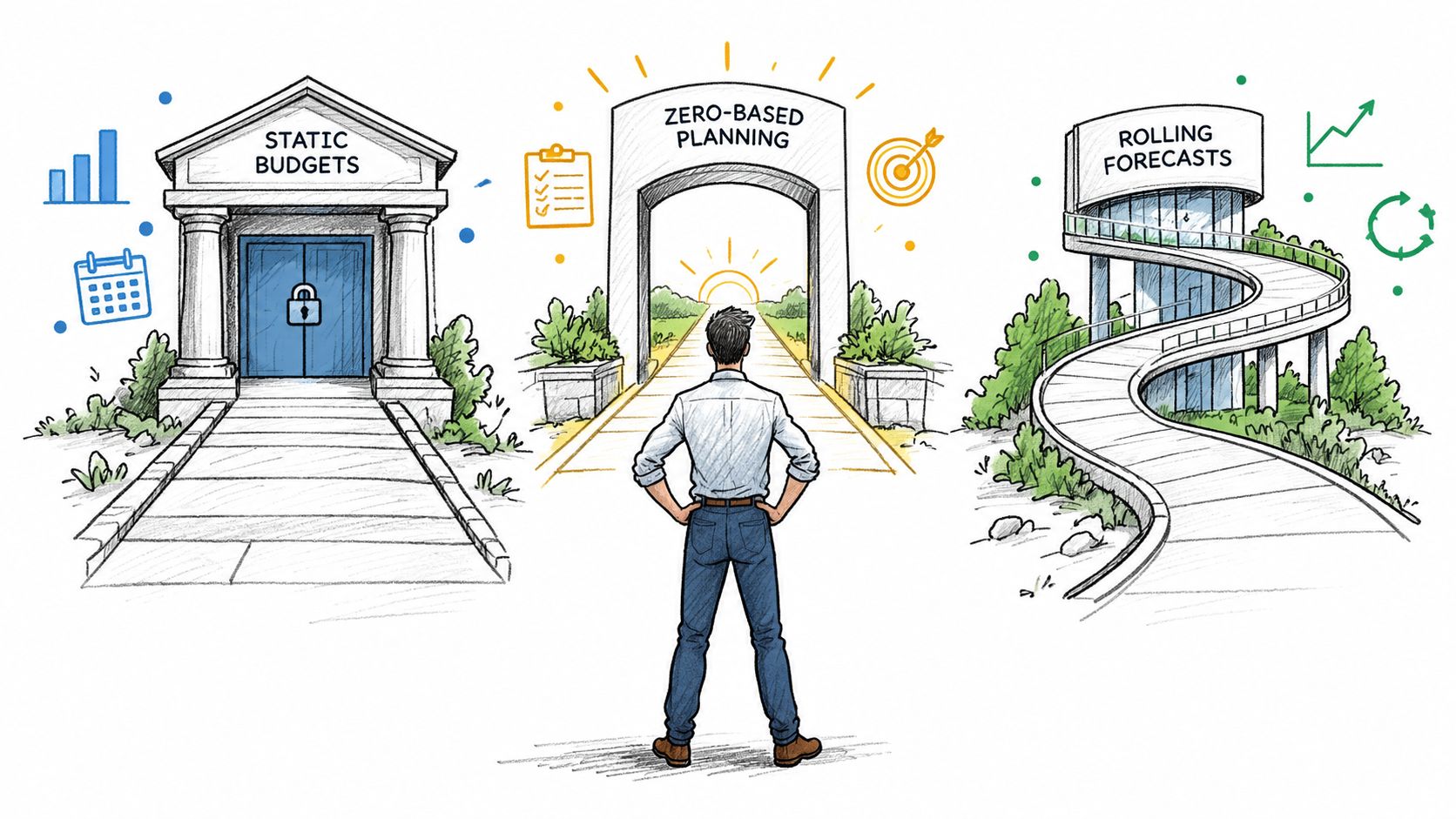 A person standing before three different financial planning paths: static budgets, zero-based planning, and rolling forecasts.