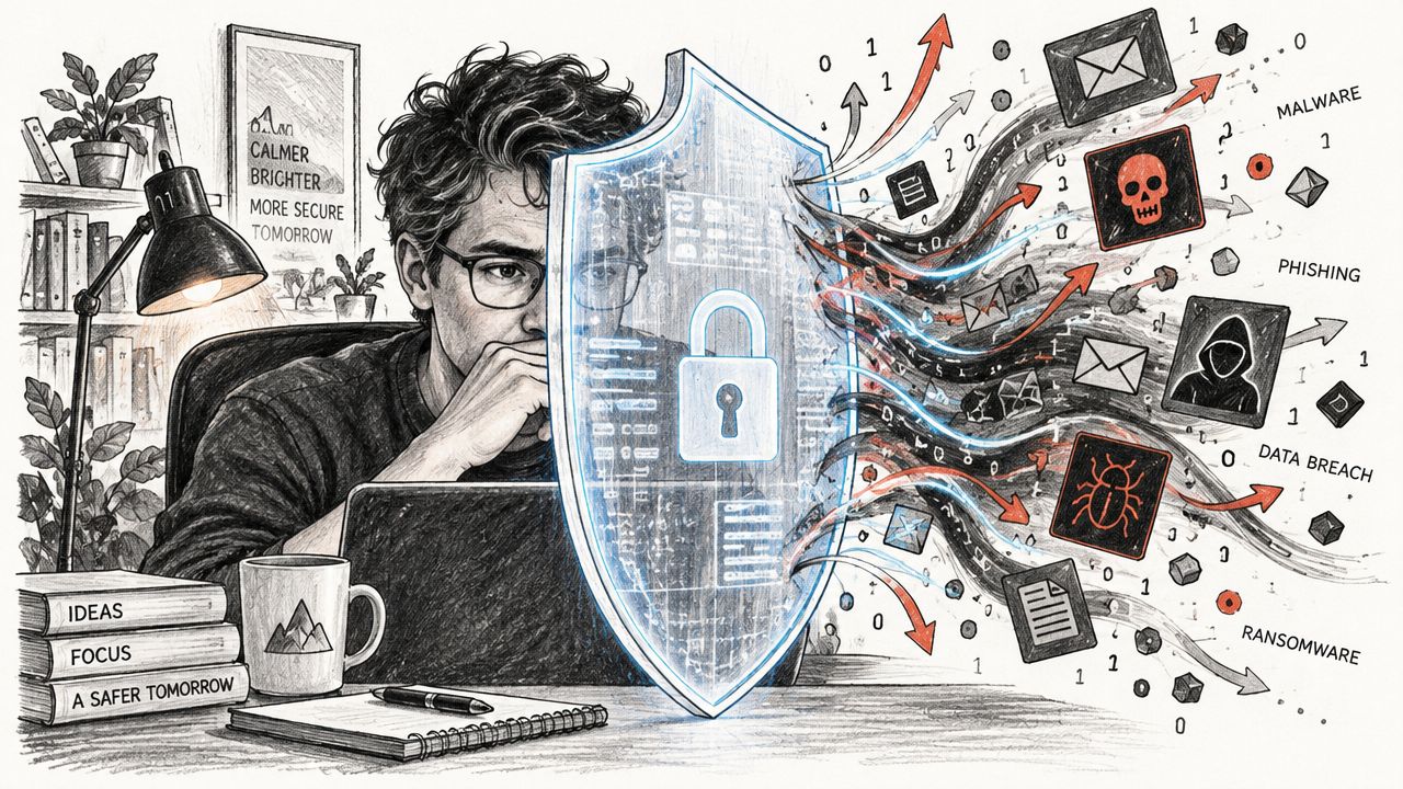 A person working at a laptop behind a glowing digital shield protecting against various cyber security threats.
