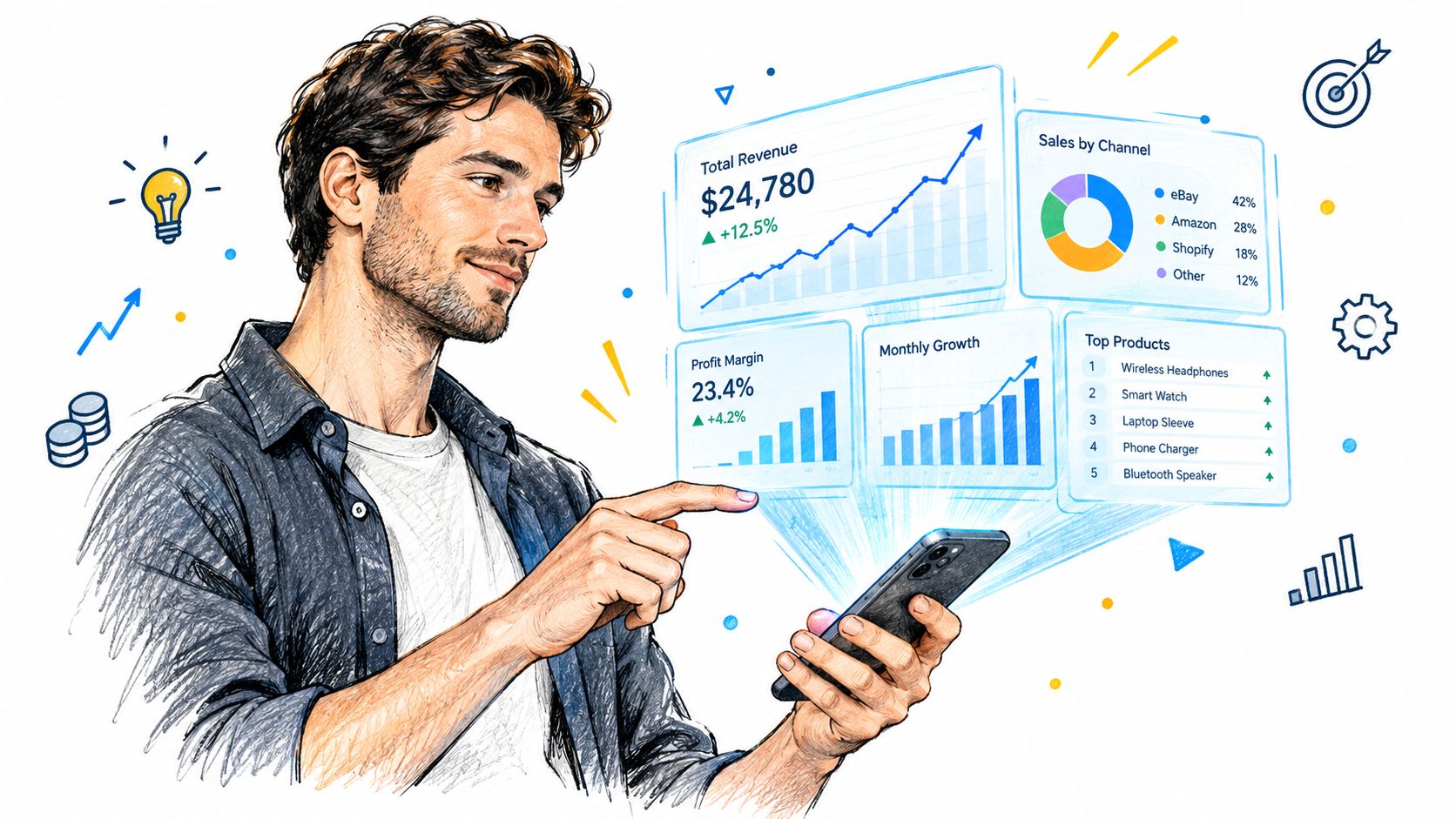 A digital illustration of a man interacting with a holographic financial dashboard projected from his smartphone screen.