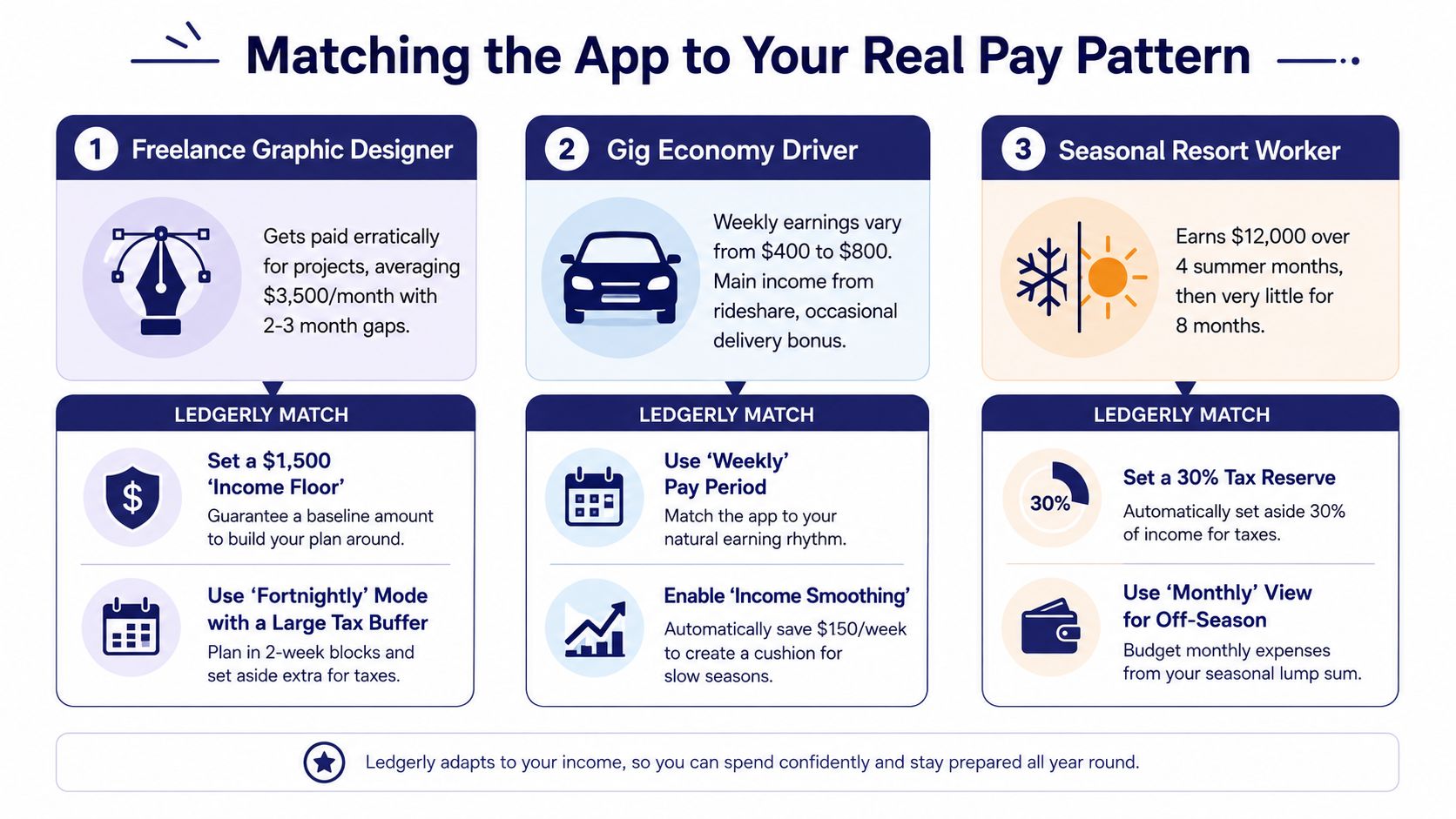A chart showing three different user personas and their personalized Ledgely budgeting strategies for irregular income.