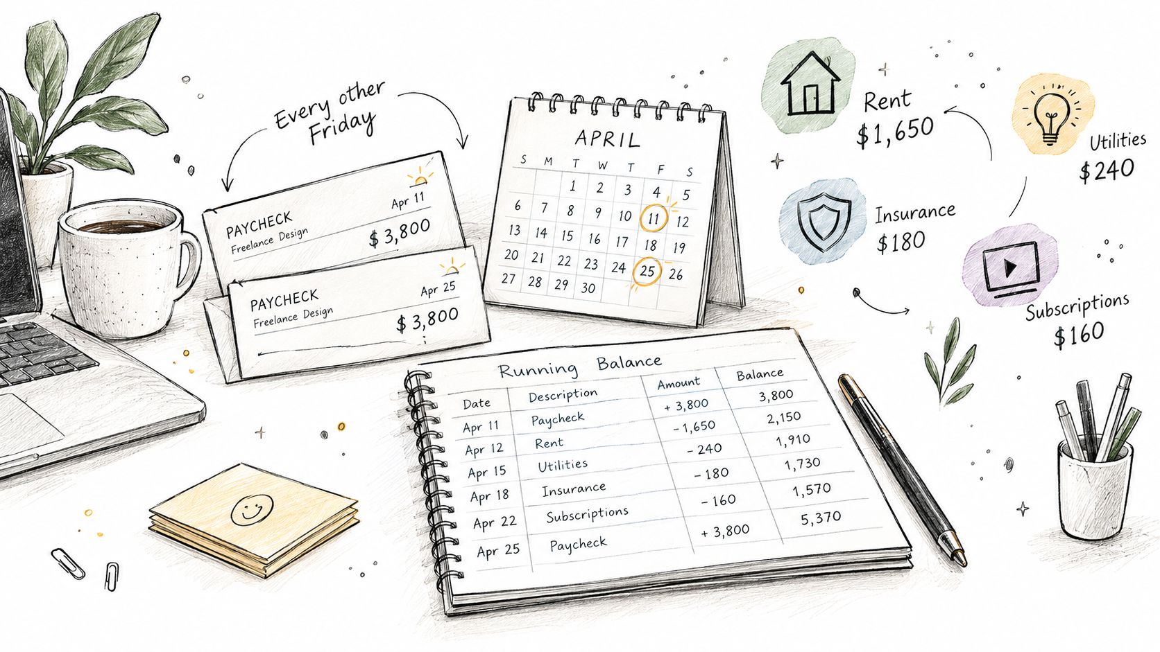 A hand-drawn illustration showing a financial budget plan, a calendar, and a running balance ledger on a desk.