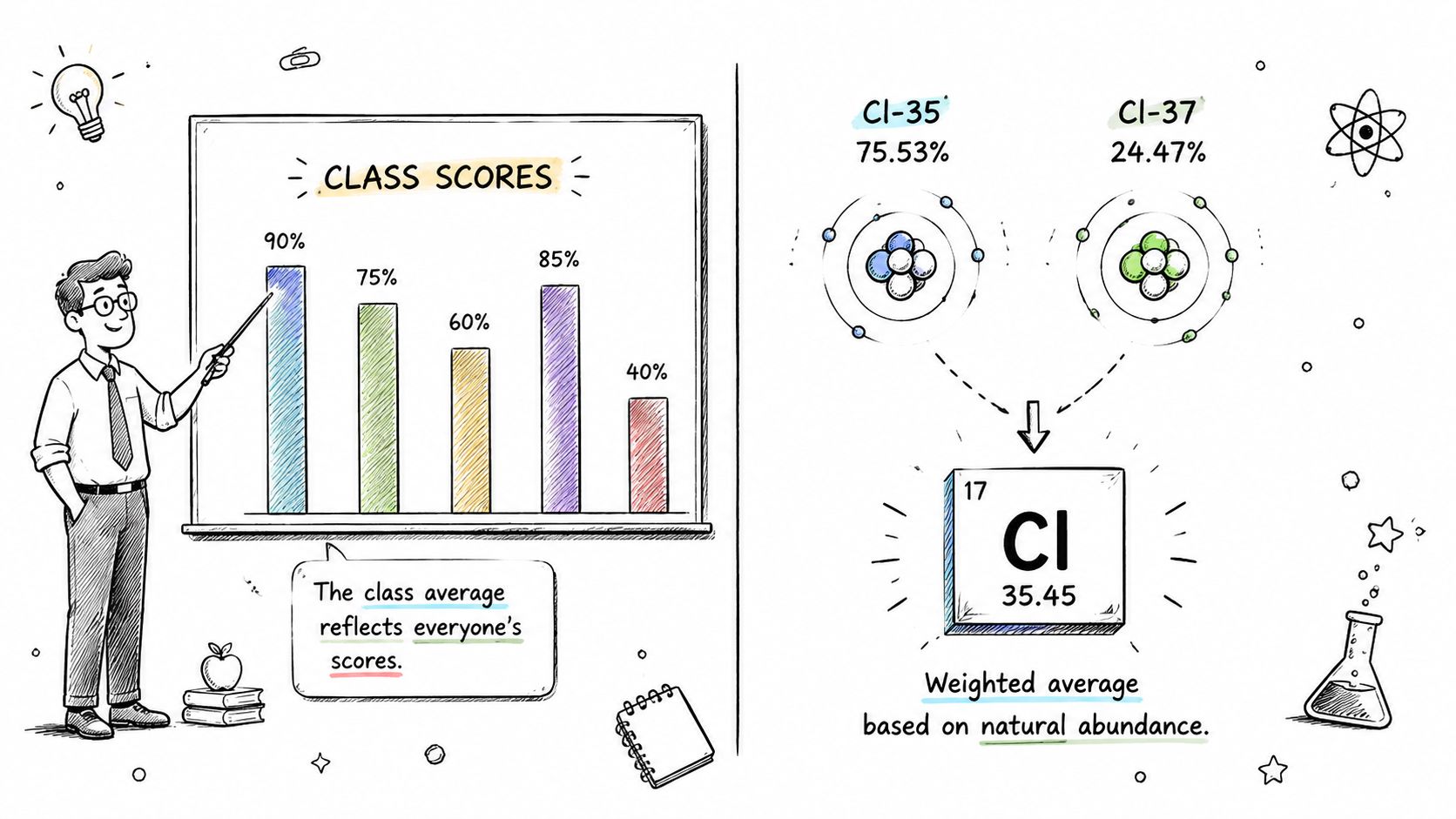 A teacher presenting class scores on a board next to a diagram explaining Chlorine isotope abundance.