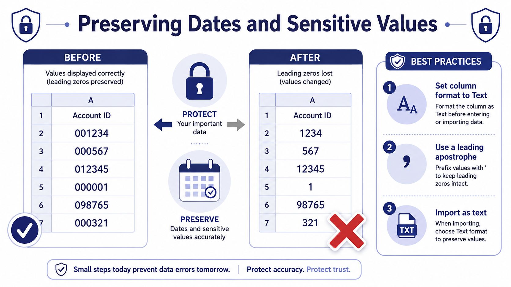 A visual guide showing how to preserve leading zeros in data when exporting to Excel spreadsheets.