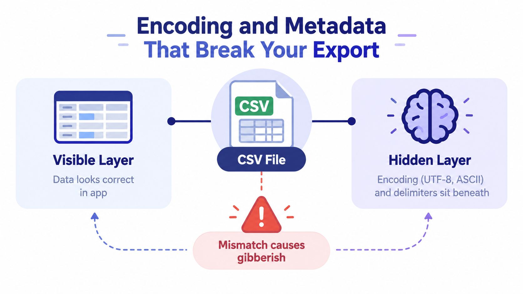 A diagram illustrating how encoding and metadata mismatches in CSV files cause data display issues, with a visible and hidden layer comparison.