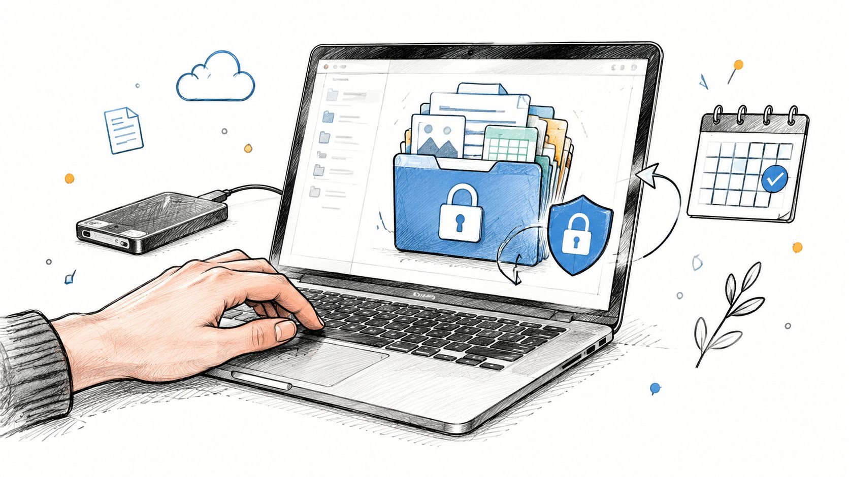 A hand interacting with a laptop displaying secure digital folders, a calendar, and external storage device.