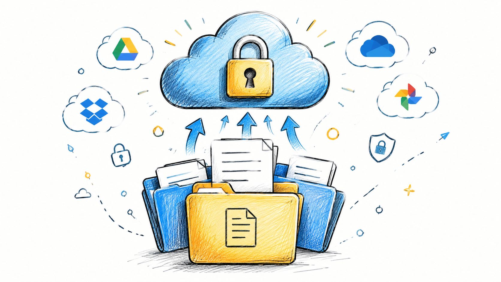 A digital illustration of file folders being uploaded to a secure cloud icon for data storage.