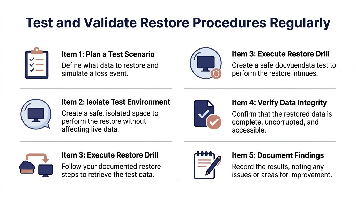 An infographic showing five essential steps to test and validate data restore procedures regularly.