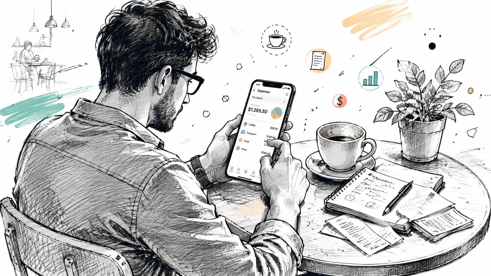 A man in a cafe using a mobile application to track his personal monthly financial expenses.