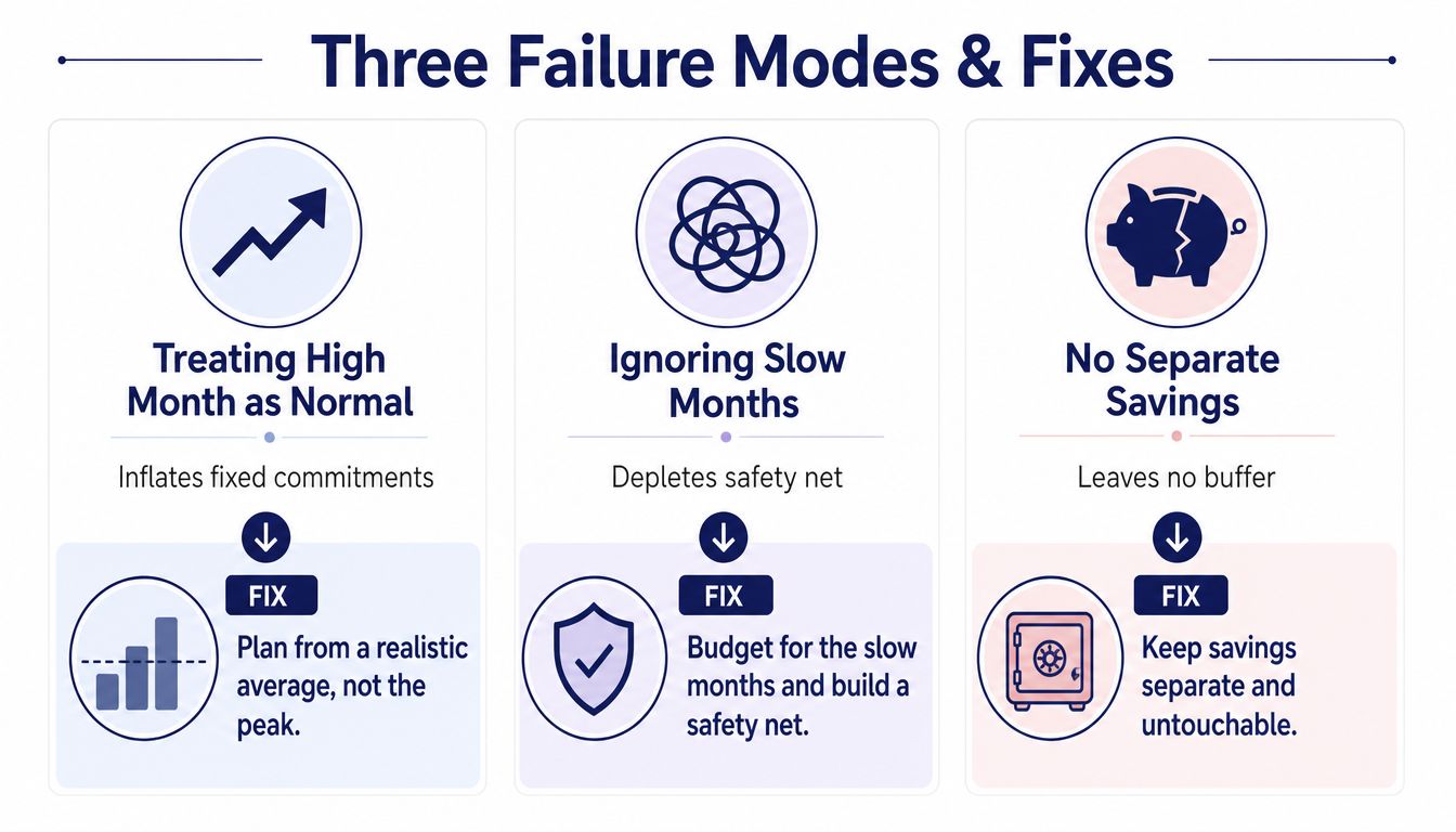 An infographic titled Three Failure Modes and Fixes for irregular income budgeting, showing common financial mistakes and solutions.