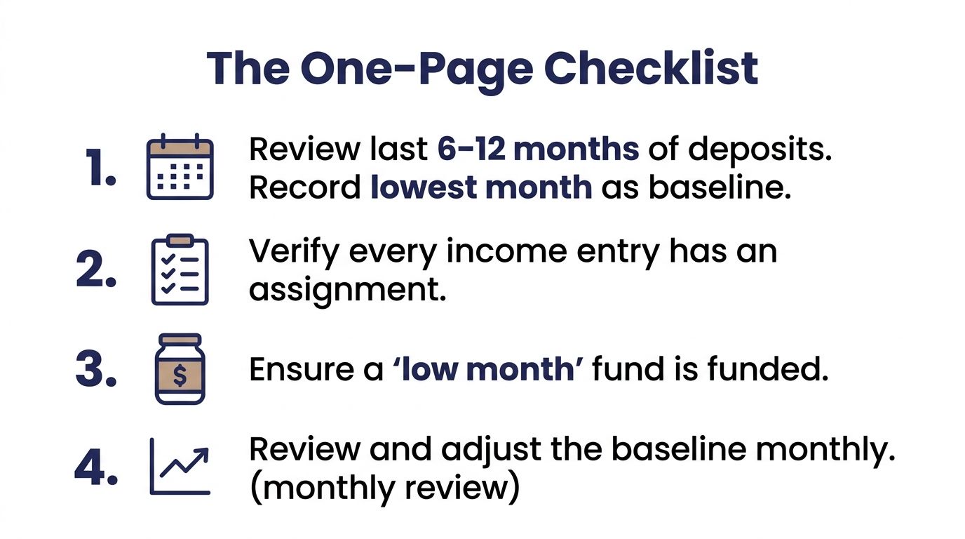 A four-step checklist for managing irregular income with icons representing review, verification, funding, and adjustment.