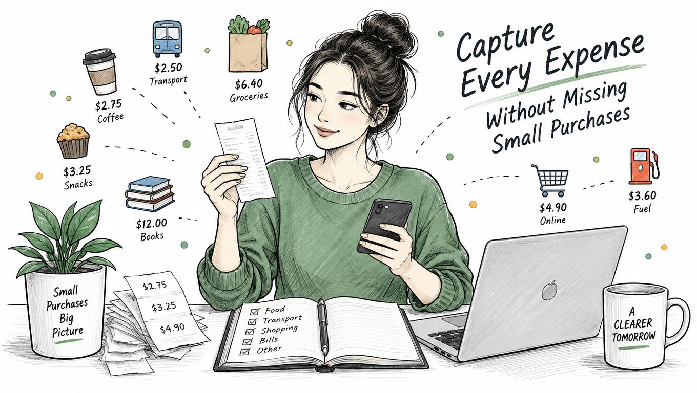 A woman reviewing receipts and using a smartphone to track various daily expenses and financial habits.