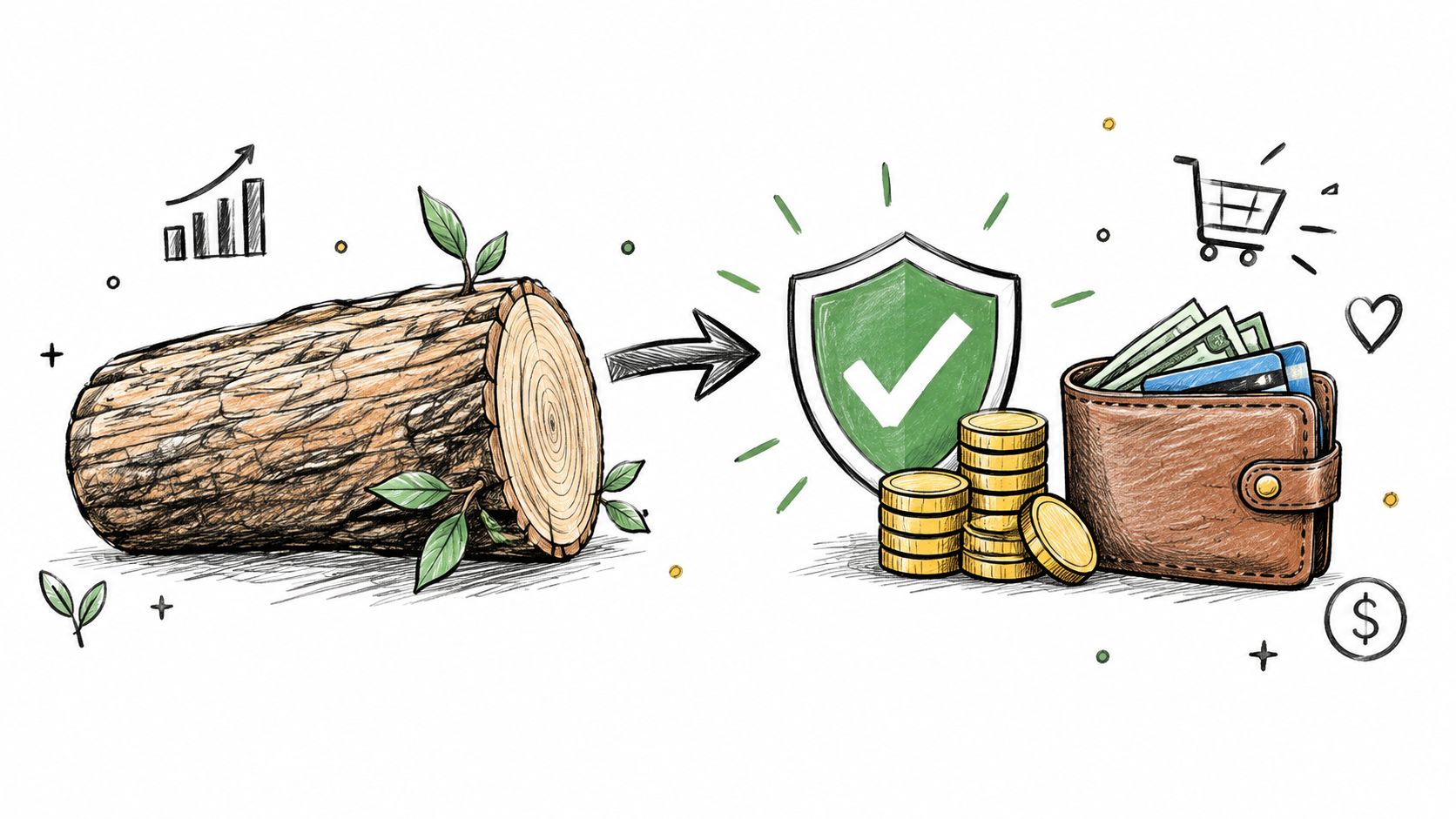 A conceptual illustration showing a log being transformed into financial security represented by a wallet and savings.