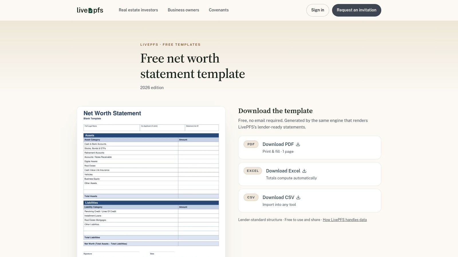 LivePFS, Net Worth Statement