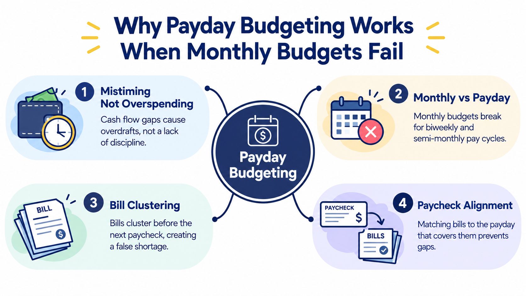An infographic titled Why Payday Budgeting Works When Monthly Budgets Fail, highlighting four key benefits.
