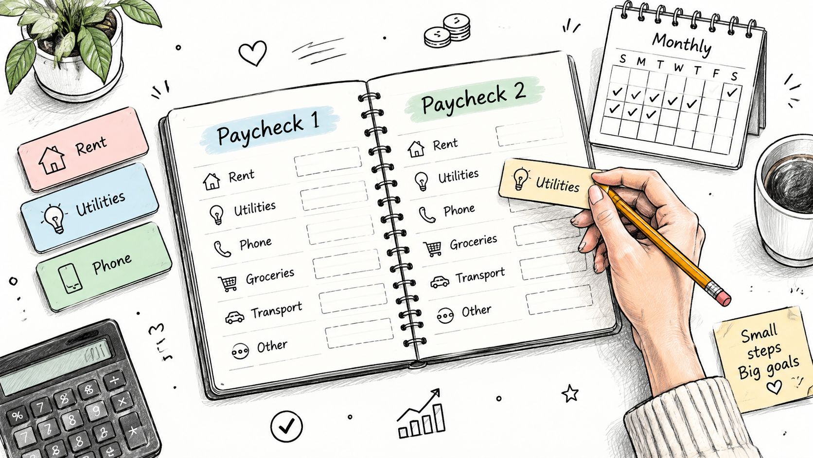 A hand filling out a payday budget planner with categories like rent, utilities, and groceries on a desk.