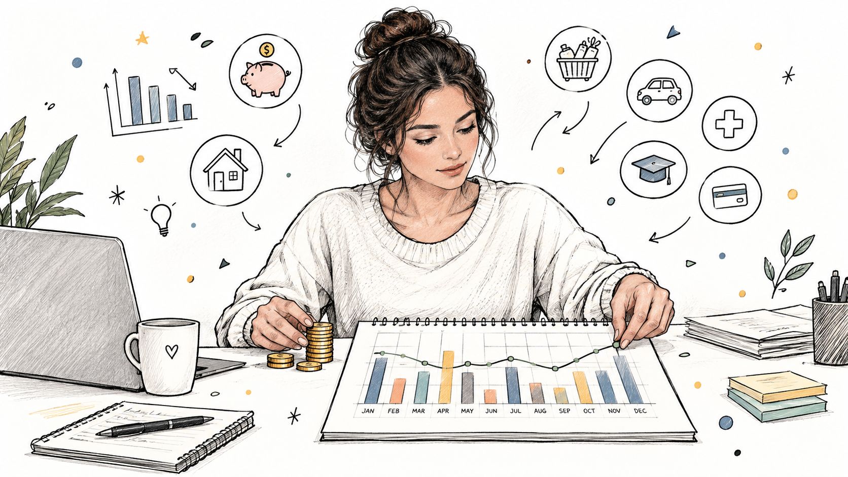 A woman carefully analyzing her monthly financial budget with charts, coins, and icons representing household expenses.