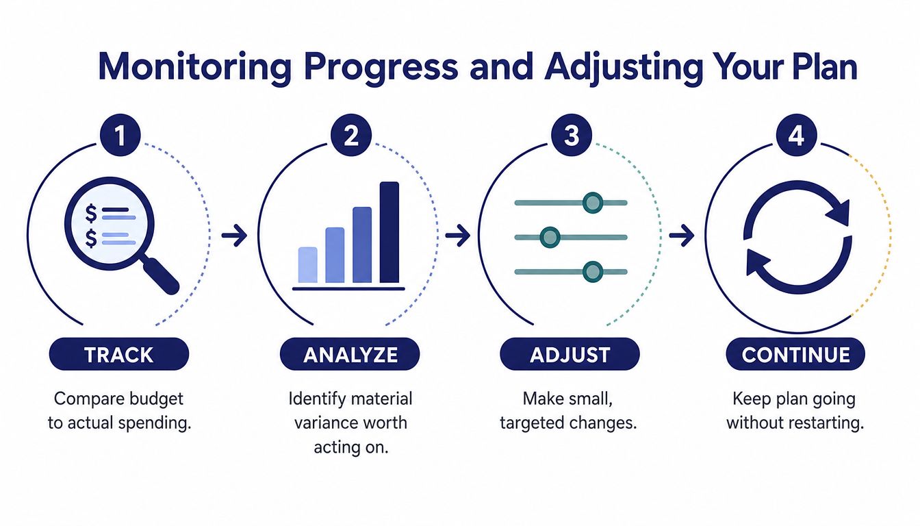 A four-step infographic illustrating the process of monitoring budget progress and adjusting a financial plan.