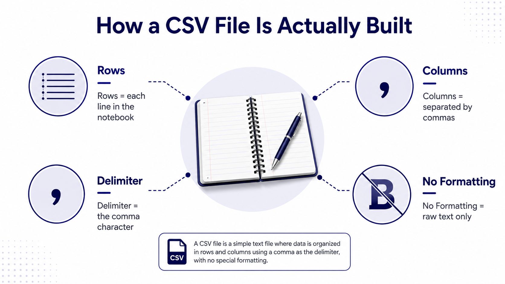 An infographic explaining how a CSV file is built using rows, columns, delimiters, and no formatting.